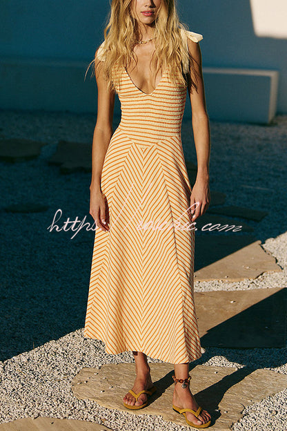 Striped Print V-neck Lace-up Backless Holiday Midi Dress