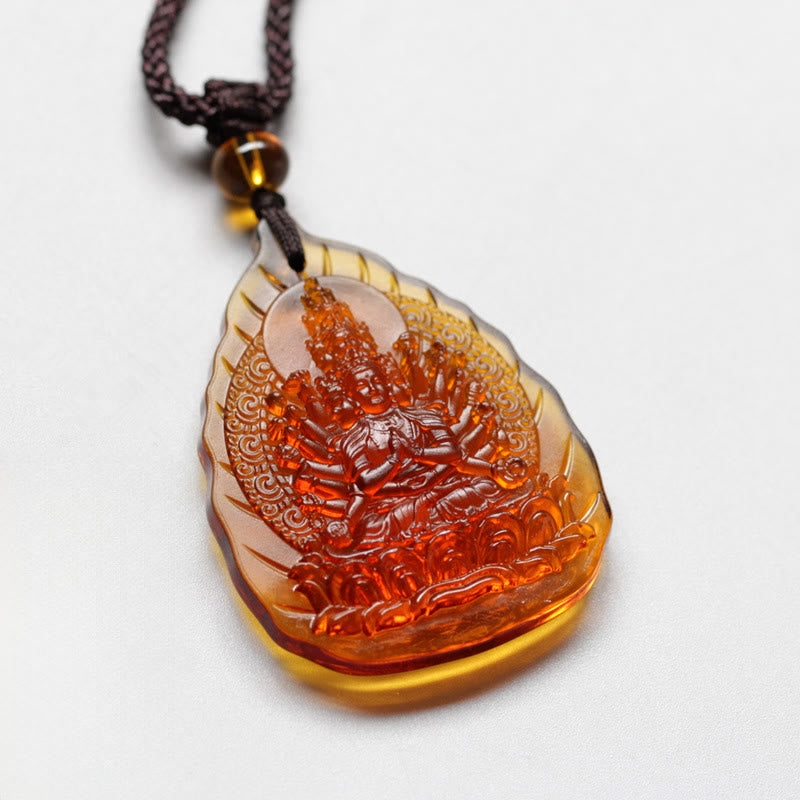 Buddha Stones Liuli Crystal Chinese Zodiac Natal Buddha Protection Leaf Shape Necklace Pendant