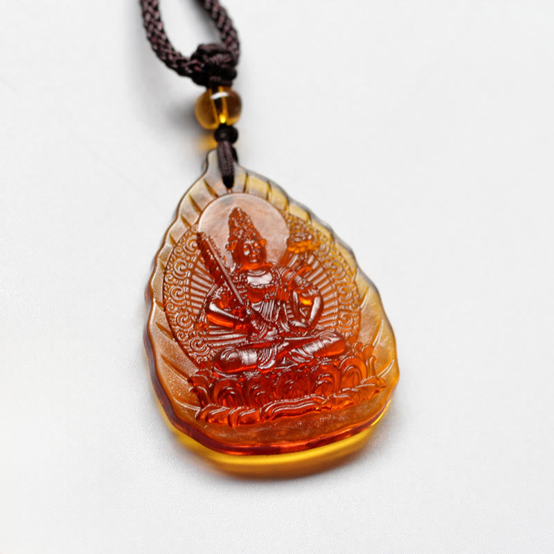 Buddha Stones Liuli Crystal Chinese Zodiac Natal Buddha Protection Leaf Shape Necklace Pendant