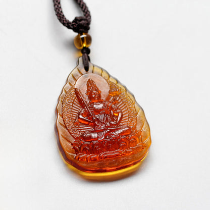Buddha Stones Liuli Crystal Chinese Zodiac Natal Buddha Protection Leaf Shape Necklace Pendant