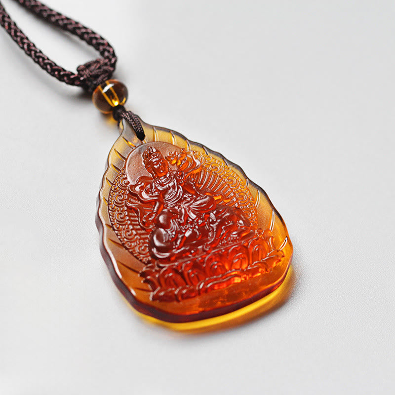 Buddha Stones Liuli Crystal Chinese Zodiac Natal Buddha Protection Leaf Shape Necklace Pendant