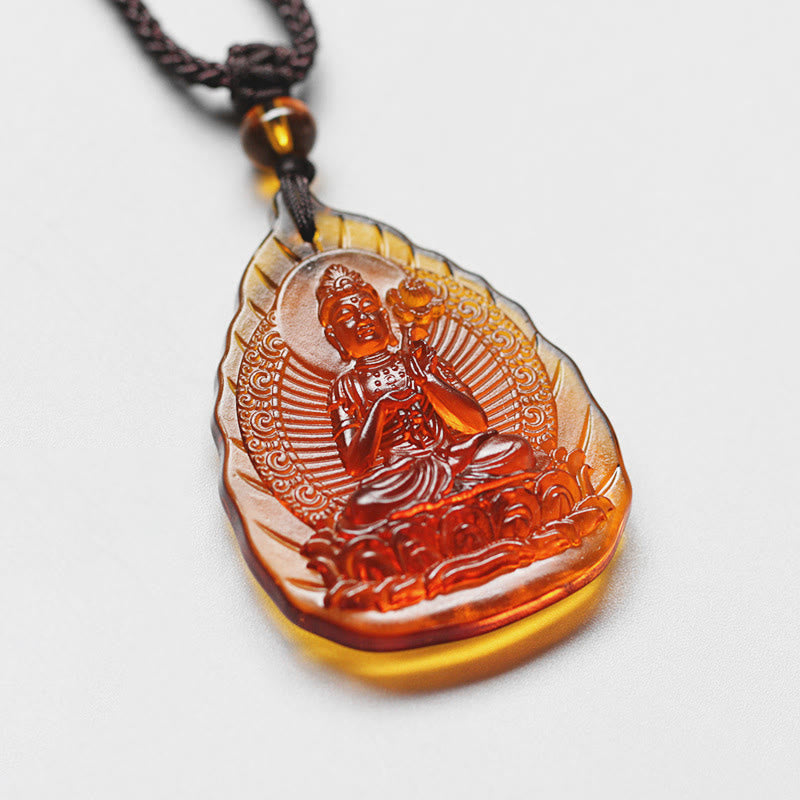 Buddha Stones Liuli Crystal Chinese Zodiac Natal Buddha Protection Leaf Shape Necklace Pendant
