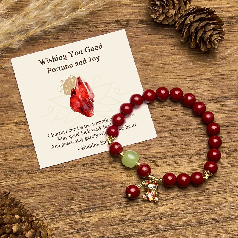 Buddha Stones "wishing You Good Fortune and Joy" Cat Cinnabar Bracelet Includes Gift Message Card