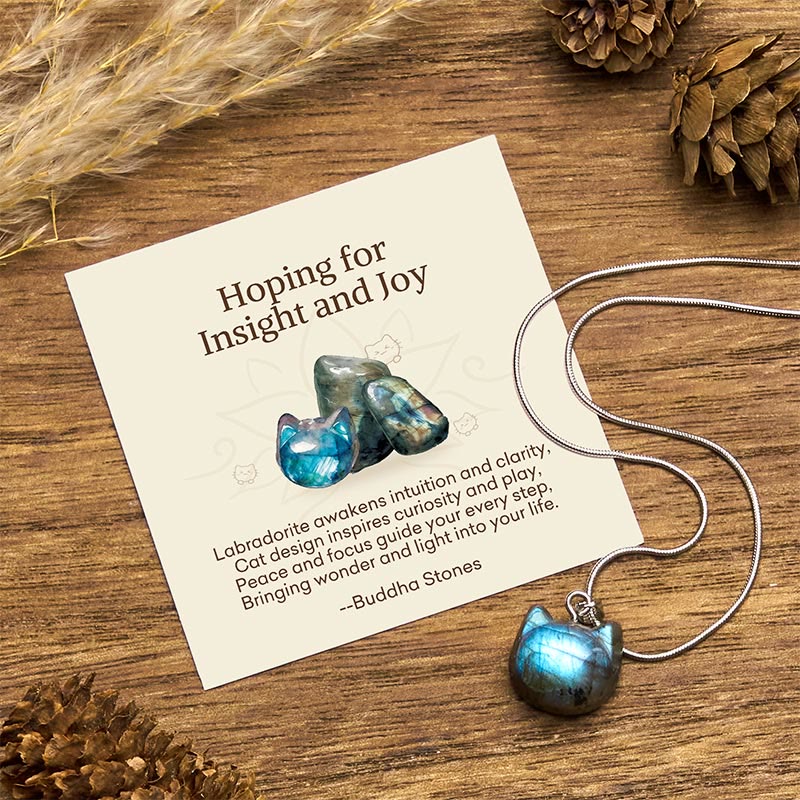 Buddha Stones "hoping for Insight and Joy" Cat Labradorite Necklace Includes Gift Message Card