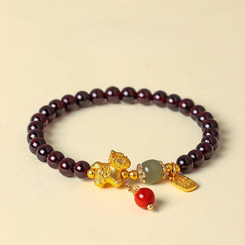 Buddha Stones Year of the Horse Garnet Fu Character Lucky Fortune Charm Protection Bracelet