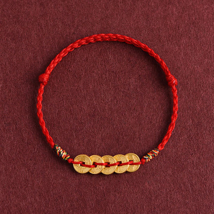 Buddha Stones Five Copper Coins Design Braided String Protection Bracelet Anklet