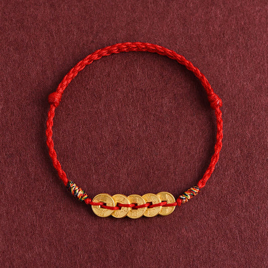 Buddha Stones Five Copper Coins Design Braided String Protection Bracelet Anklet
