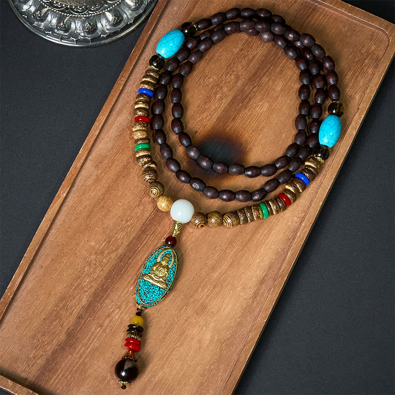 Buddha Stones Nepal Avalokitesvara Harmony Coconut Shell Beads Pendant Necklace