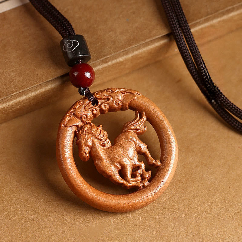 Buddha Stones Peach Wood Chinese Zodiac Year of the Horse Ward Off Evil Spirits Necklace Pendants