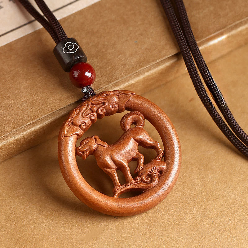 Buddha Stones Peach Wood Chinese Zodiac Year of the Horse Ward Off Evil Spirits Necklace Pendants