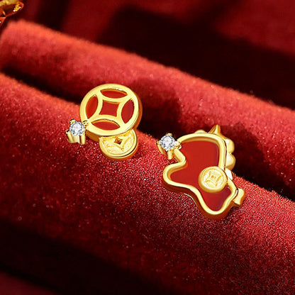 Buddha Stones 925 Sterling Silver Coin Red Agate Year of the Horse Asymmetric Protection Earrings