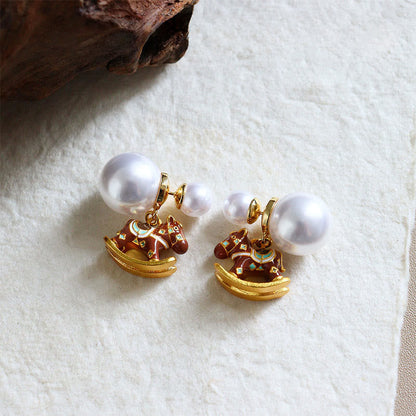 Buddha Stones Year of the Horse Copper Pearl Balance Earrings