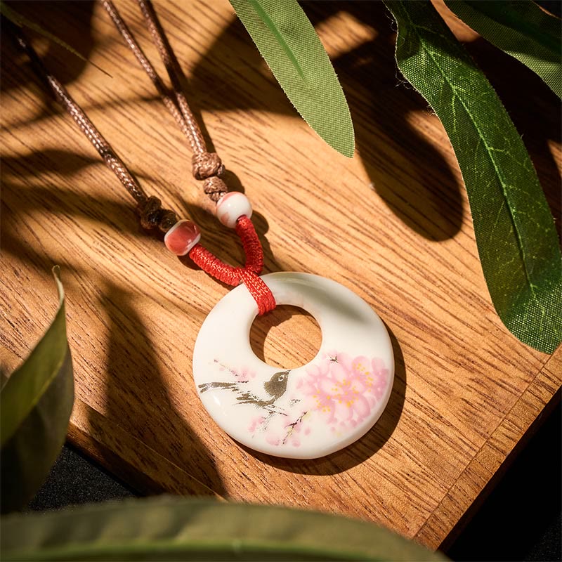 Buddha Stones Peony Peach Blossoms Lotus Symbol Ceramics Necklace Enlightenment Pendant