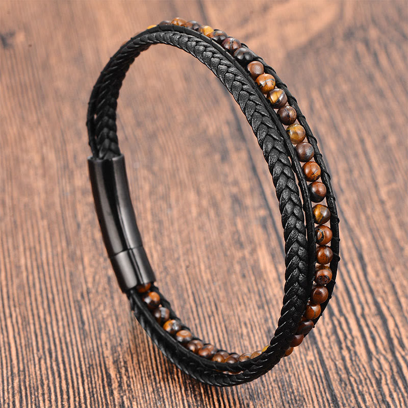 Buddha Stones Tiger Eye Titanium Steel Protection Strengthen Leather Bracelet