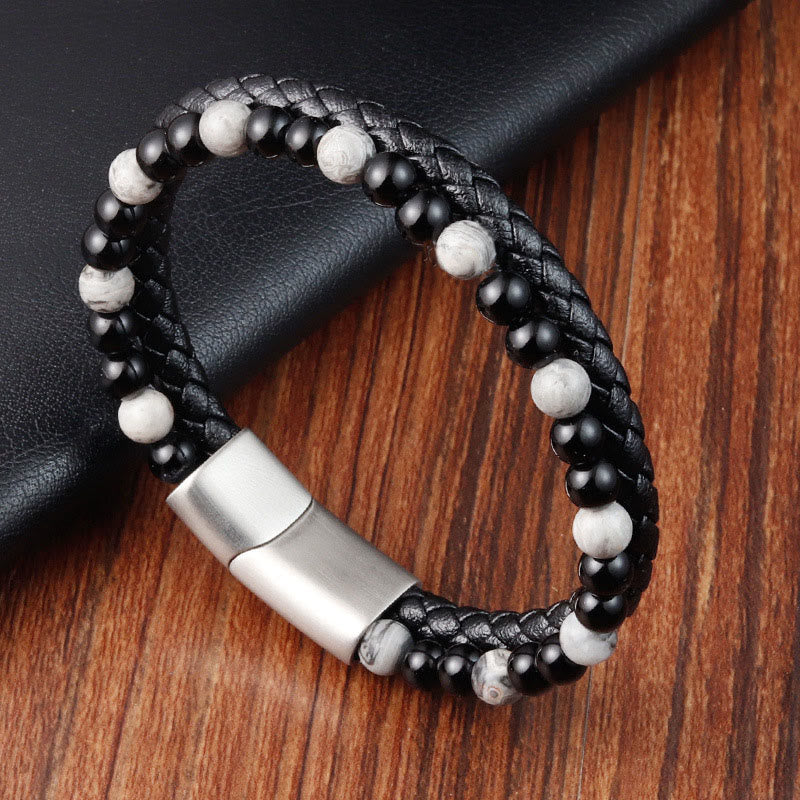 Buddha Stones Black Onyx Grey Jasper Titanium Steel Stability Leather Bracelet