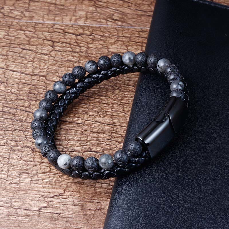 Buddha Stones Lava Rock Titanium Steel Calm Leather Bracelet