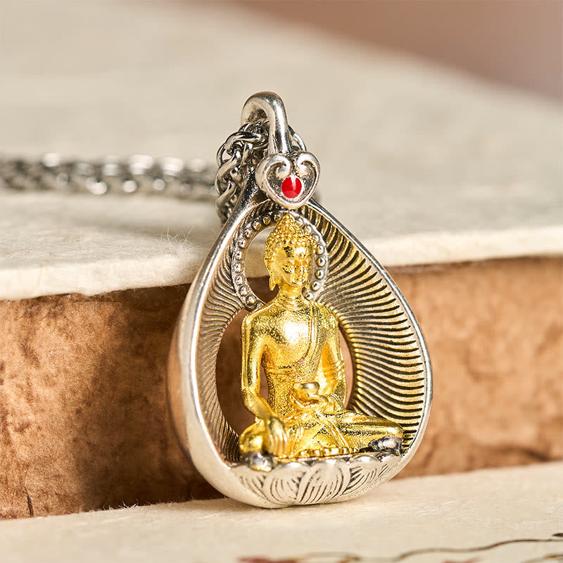 Buddha Stones Green Tara Shakyamuni Buddha Copper Plated Silver Curb Chain Luck Pendant Necklace
