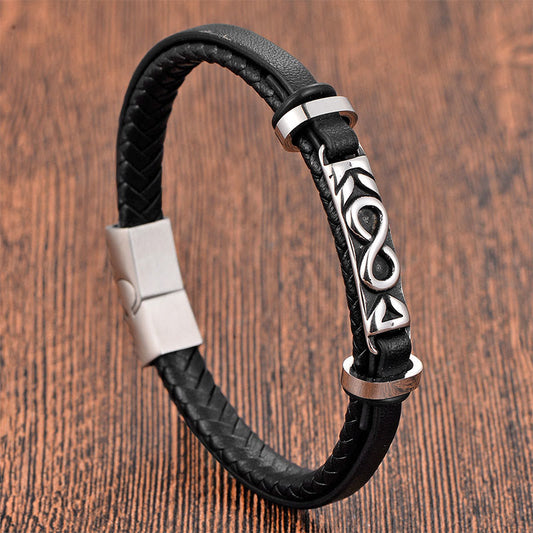 Buddha Stones Titanium Steel Balance Multi-layered Leather Figure-eight Bracelet