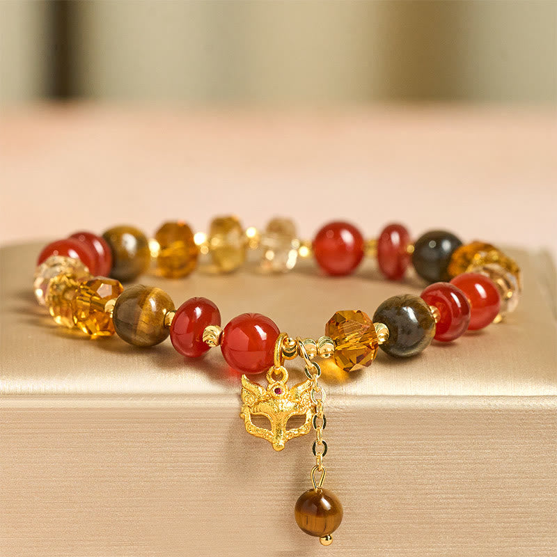 Buddha Stones Red Agate Tiger Eye Fox Charm Calm Beaded Bracelet
