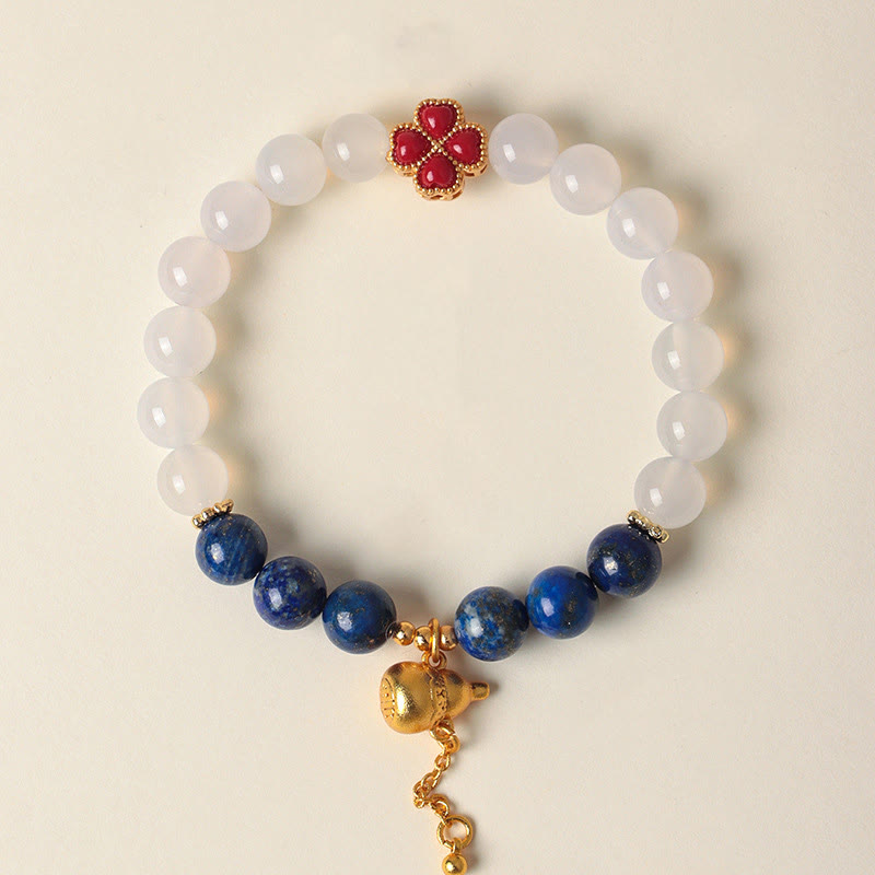 Buddha Stones Four Leaf Clover Flower Gourd South Red Agate White Agate Positive Beaded Bracelet