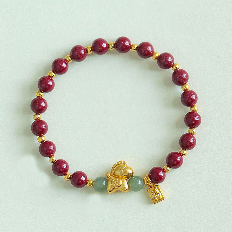 Buddha Stones Chinese Zodiac Year of the Horse Fu Character Cinnabar Hetian Jade Blessing Bracelet