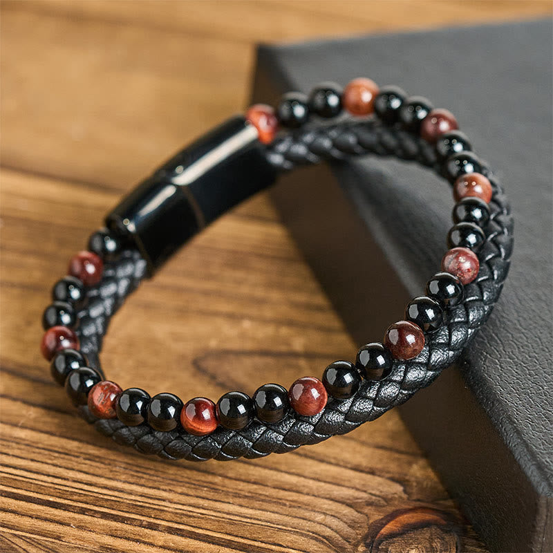 Buddha Stones Black Onyx Tiger Eye Titanium Steel Leather Protection Bracelet