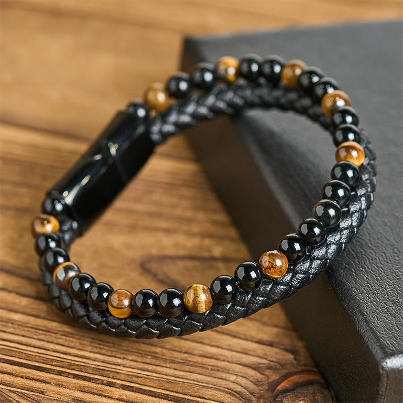 Buddha Stones Black Onyx Tiger Eye Titanium Steel Leather Protection Bracelet