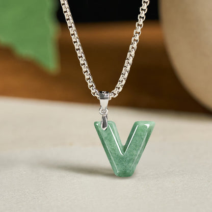Buddha Stones Natural A-z Letter Jade Titanium Steel Wide Chain Prosperity Necklace Pendant