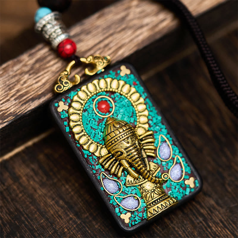 Buddha Stones Tibetan Ganesh Ganpati Elephant Ebony Wood Rope Peace Necklace Pendant