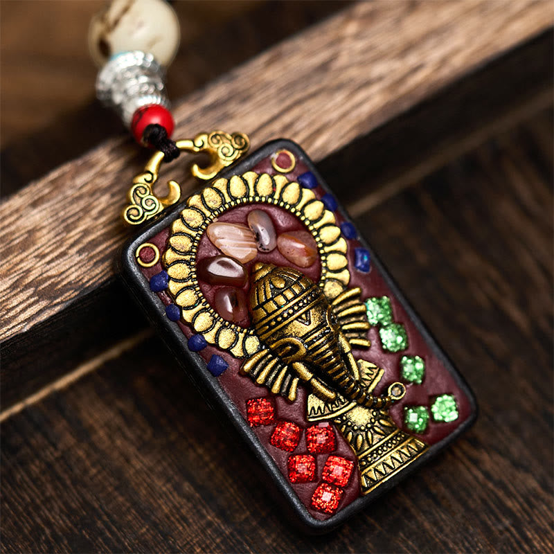 Buddha Stones Tibetan Ganesh Ganpati Elephant Ebony Wood Rope Peace Necklace Pendant