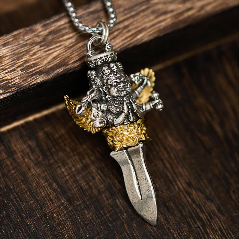 Buddha Stones Tibetan Vajra Three Heads Six Arms Design Copper Healing Spiritual Power Necklace Pendant
