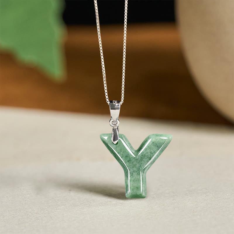 Buddha Stones Natural A-z Letter Jade 925 Sterling Silver Silm Chain Prosperity Necklace Pendant