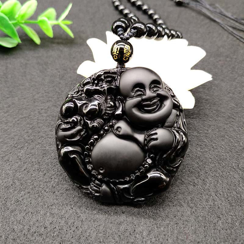 Buddha Stones Laughing Buddha Pattern Black Obsidian Glass Fulfilment Necklace Pendant