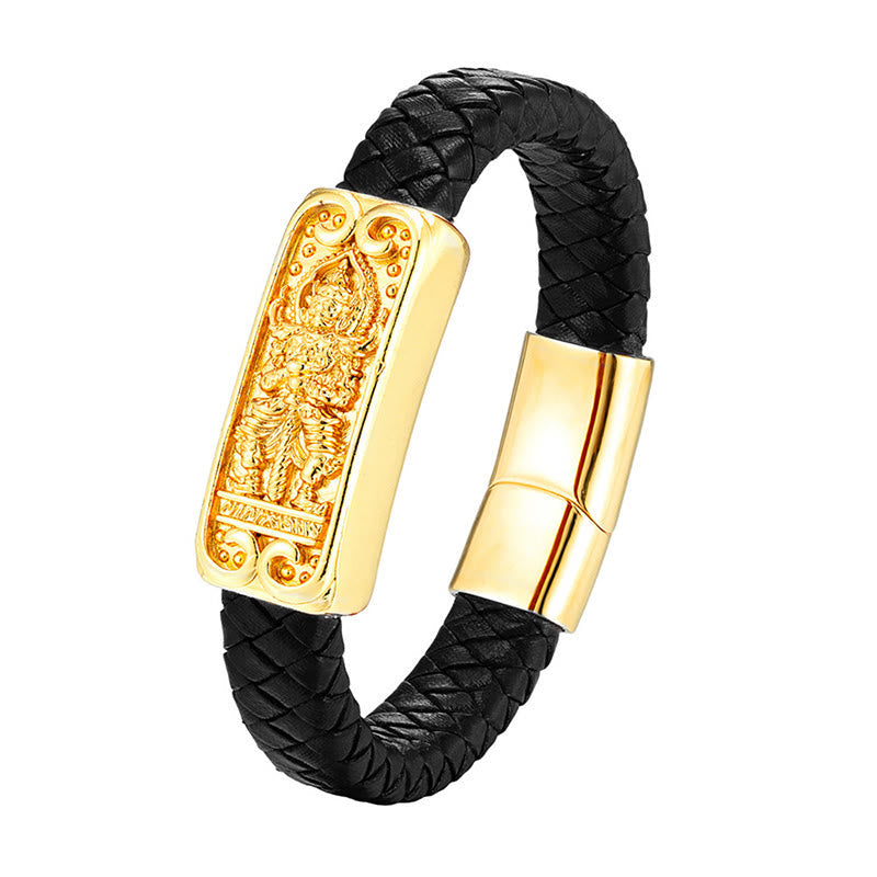 Buddha Stones Buddha Symbol Titanium Steel Leather Strengthen Bracelet
