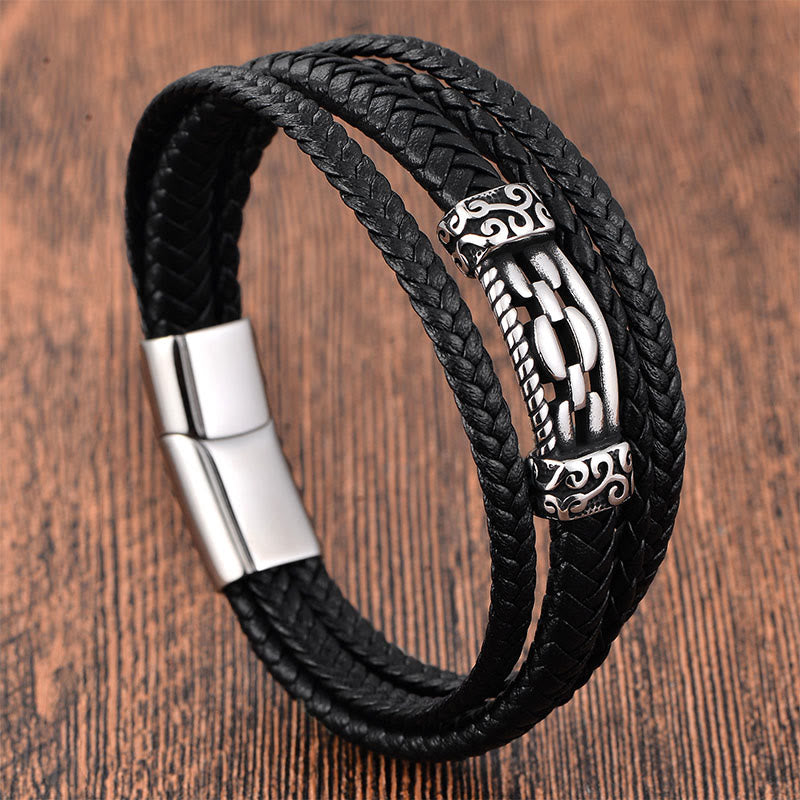 Buddha Stones Chain Link Design Titanium Steel Multi-layer Leather Balance Braided Bracelet
