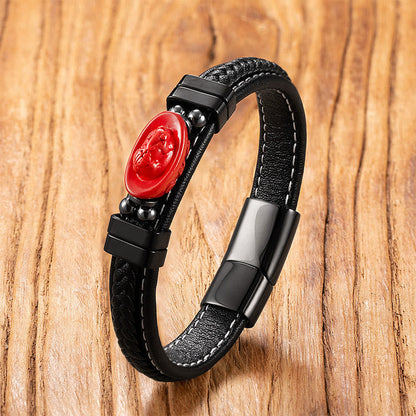 Buddha Stones Cinnabar Buddha Symbol Koi Fish Dragon Fu Character Pi Xiu Design Leather Blessing Bracelet