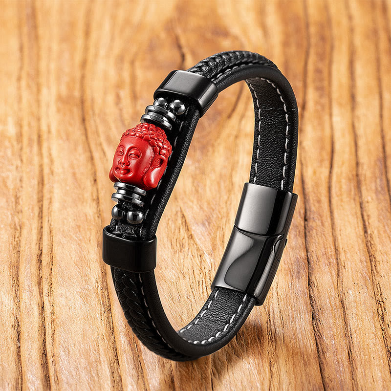 Buddha Stones Cinnabar Buddha Symbol Koi Fish Dragon Fu Character Pi Xiu Design Leather Blessing Bracelet
