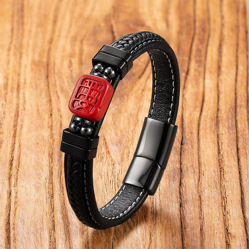 Buddha Stones Cinnabar Buddha Symbol Koi Fish Dragon Fu Character Pi Xiu Design Leather Blessing Bracelet