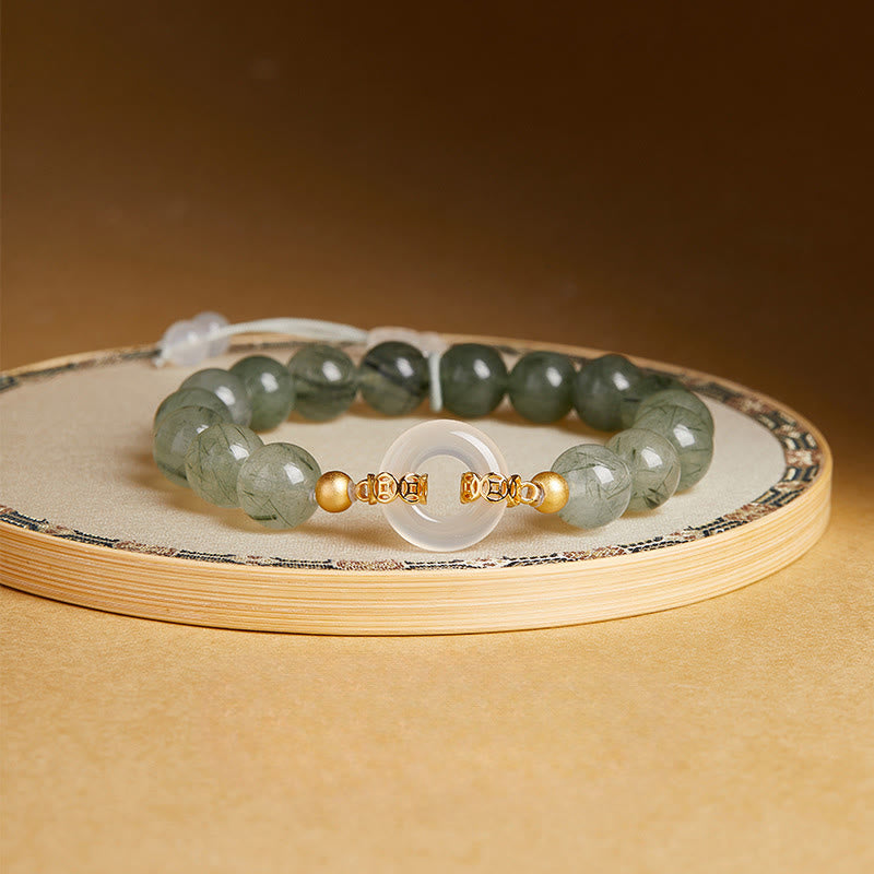 Buddha Stones 925 Sterling Silver Green Rutilated Quartz White Chalcedony Peace Buckle Courage Bracelet