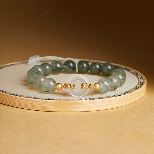 Buddha Stones 925 Sterling Silver Green Rutilated Quartz White Chalcedony Peace Buckle Courage Bracelet
