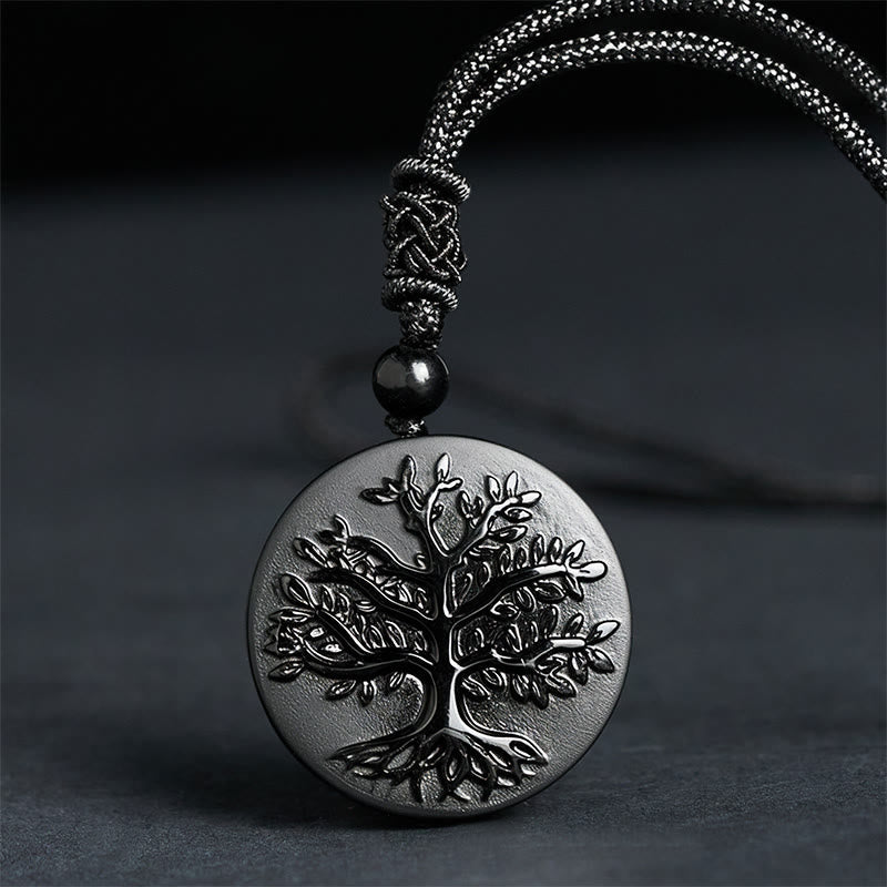 Buddha Stones Natural the Tree of Life Pattern Black Obsidian Transformation Necklace Pendant