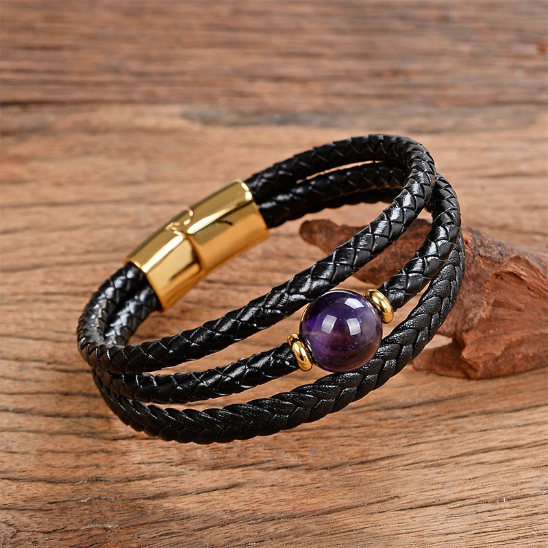 Buddha Stones Multicolored Bead Amethyst Lazurite Craved Six True Words Braided Leather Balance Bracelet