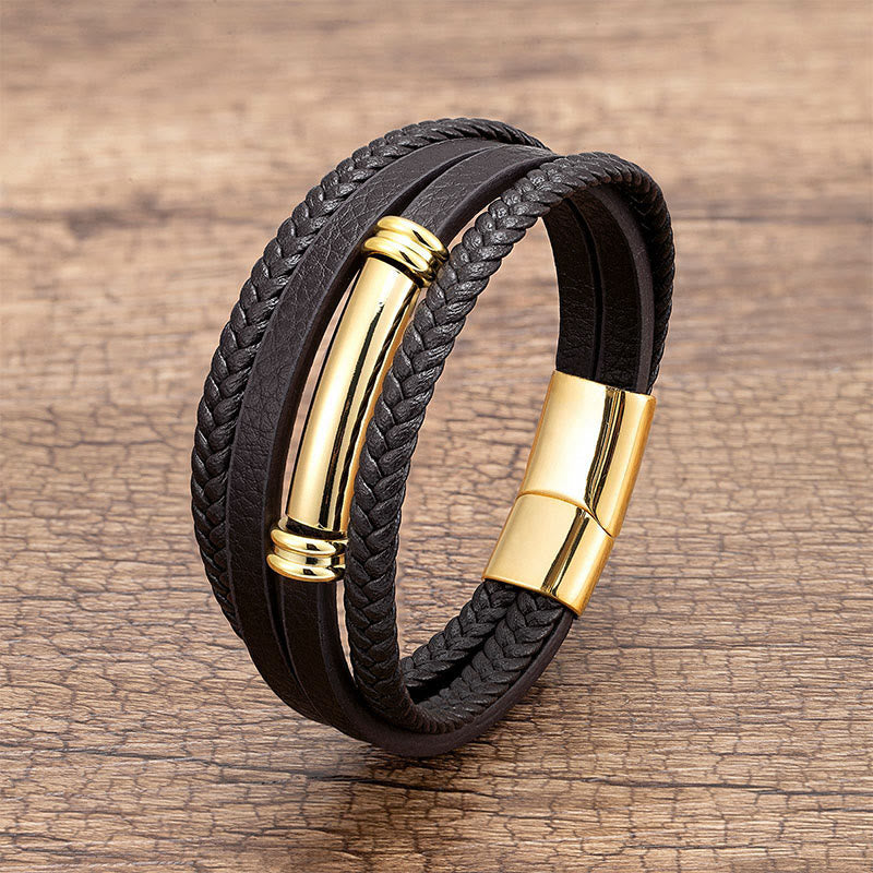Buddha Stones Multi-layered Simple Design Leather Titanium Steel Balance Bracelet