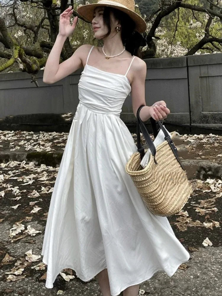 Summer Spaghetti Strap Midi Dress A-line Holiday Beach Style French Korean Slim High Waist Vestido