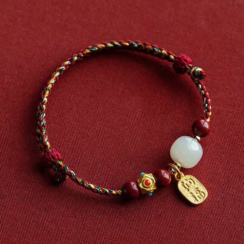 Buddha Stones Lucky Fortune Charm Hetian Cyan Jade White Jade Multicolored Braided String Prosperity Bracelet