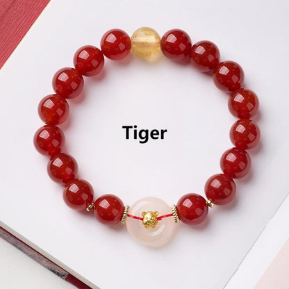 Buddha Stones Chinese Zodiac Year of the Horse Peace Buckle Red Agate White Chalcedony Confidence Bracelet