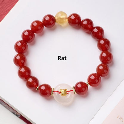 Buddha Stones Chinese Zodiac Year of the Horse Peace Buckle Red Agate White Chalcedony Confidence Bracelet