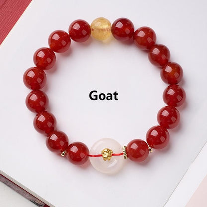 Buddha Stones Chinese Zodiac Year of the Horse Peace Buckle Red Agate White Chalcedony Confidence Bracelet