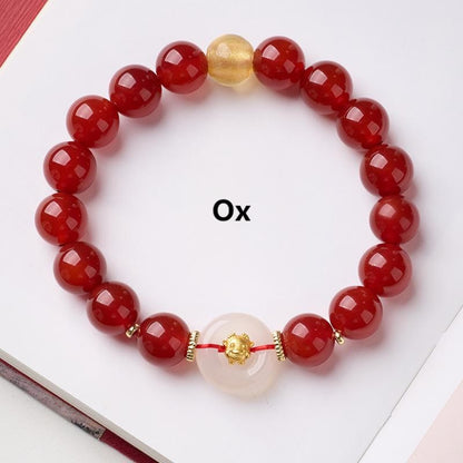 Buddha Stones Chinese Zodiac Year of the Horse Peace Buckle Red Agate White Chalcedony Confidence Bracelet