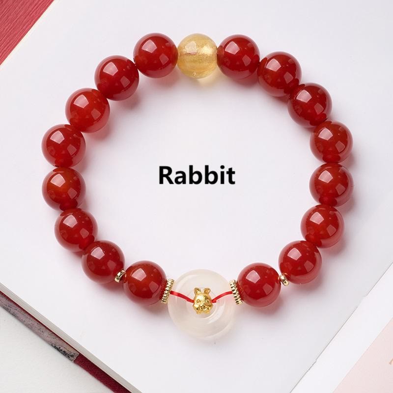 Buddha Stones Chinese Zodiac Year of the Horse Peace Buckle Red Agate White Chalcedony Confidence Bracelet